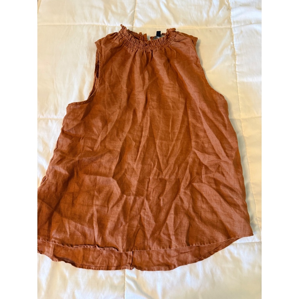 Harve Benard Pureline Linen Smocked Mock Neck Sleeveless Top Rust Orange Large